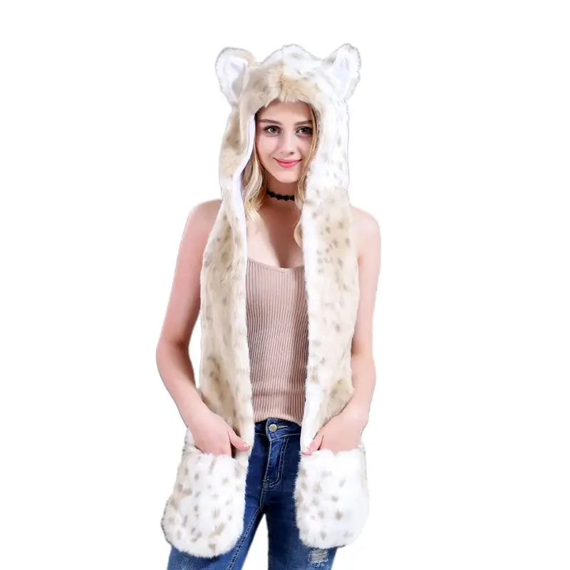 3 в 1 женский и мужской Пушистый Плюшевый животный волк Леопард капюшон шарф шапка с лапами Варежки перчатки утолщенные Зимние Теплые ушанки шапка бомбер - Цвет: 6EE403932-8