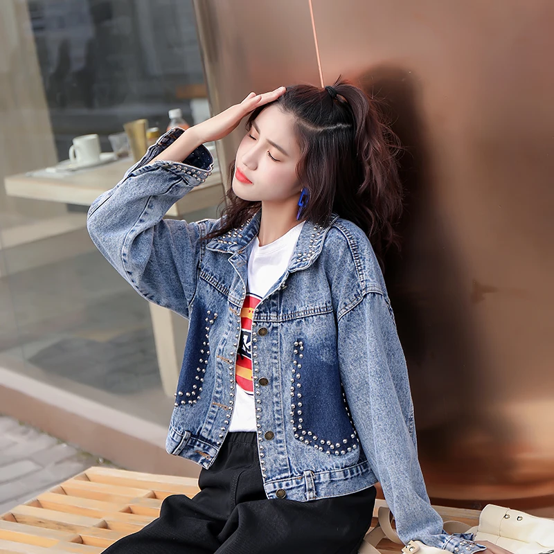 2020 New Fashion Beading Diamond Graffiti Printed Short Design Denim Jacket Coat Casual Women Cowboy Jeans Coats Outerwear |