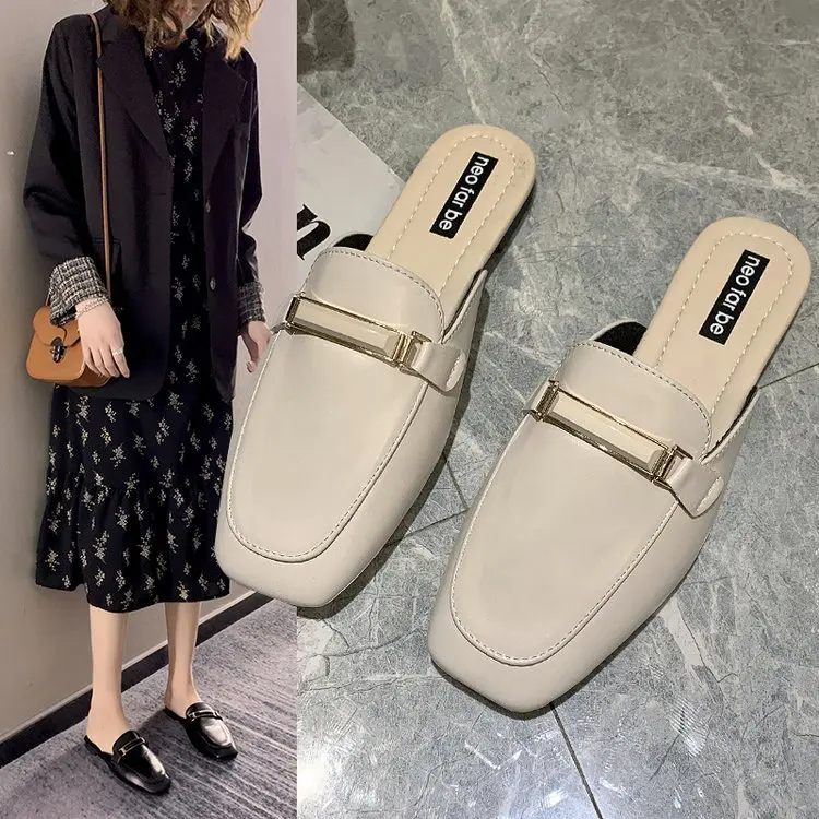 

2020 Spring And Summer New Style Drag Women's Korean-style Flat Heel Square Head Outer Wear No Heel Muller Shoe Tip No Heel Semi