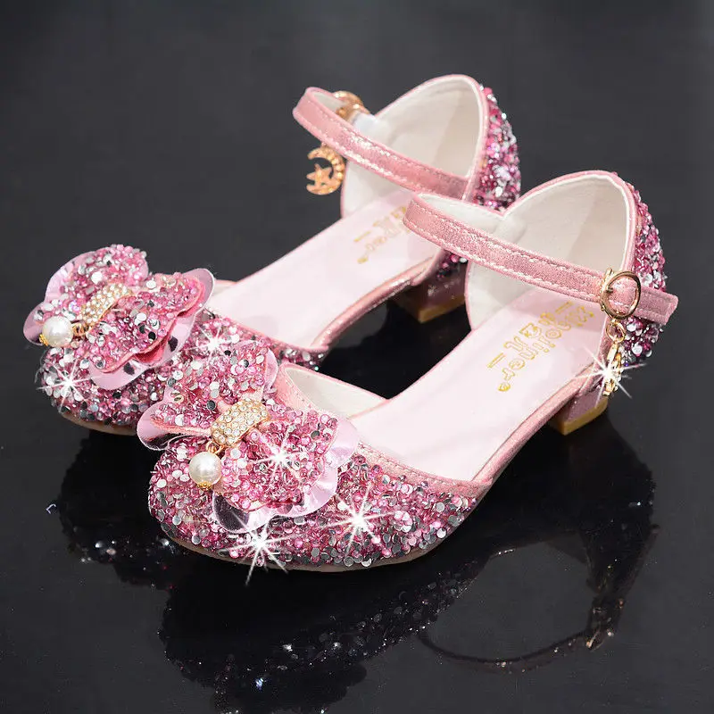 pink Модные босоножки с блестками и бантом для девочек; кожаная Летняя обувь с цветочным узором для девочек; детская обувь на высоком каблуке; детские танцевальные свадебные сандалии; От 3 до 13 лет - Цвет: pink