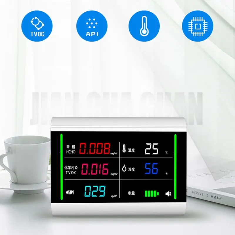 5-In-1 USB Rechargeable Air Quality Monitor Benzene HCHO TVOC LCD Digital Display Humidity Temperature Detector