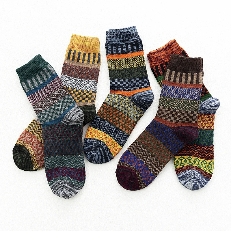 5 colors 5 пар/лот, новые мужские носки Witner, толстые теплые шерстяные носки, рождественские носки в ретро-полоску, Разноцветные носки, подарок, свободный размер YM9004 - Цвет: 5 colors