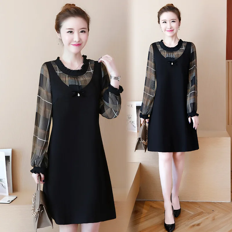 

Plus-sized Increase the Fat Mm Autumn Clothing 2019 New Style 200 Large GIRL'S Slimming Belly Covering Dress Plaid Stitching