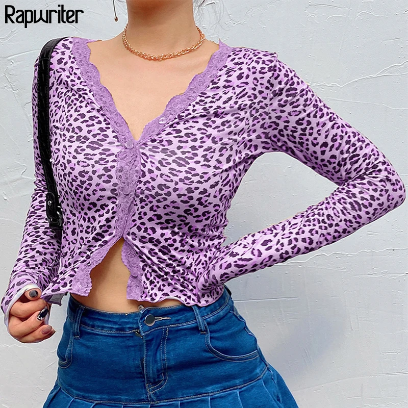 

Vintage Lace Design Leopard Print T Shirt Women Sexy V Neck Button Shirts Cropped Tops Tees Streetwear Fashion Clothes Rapwriter