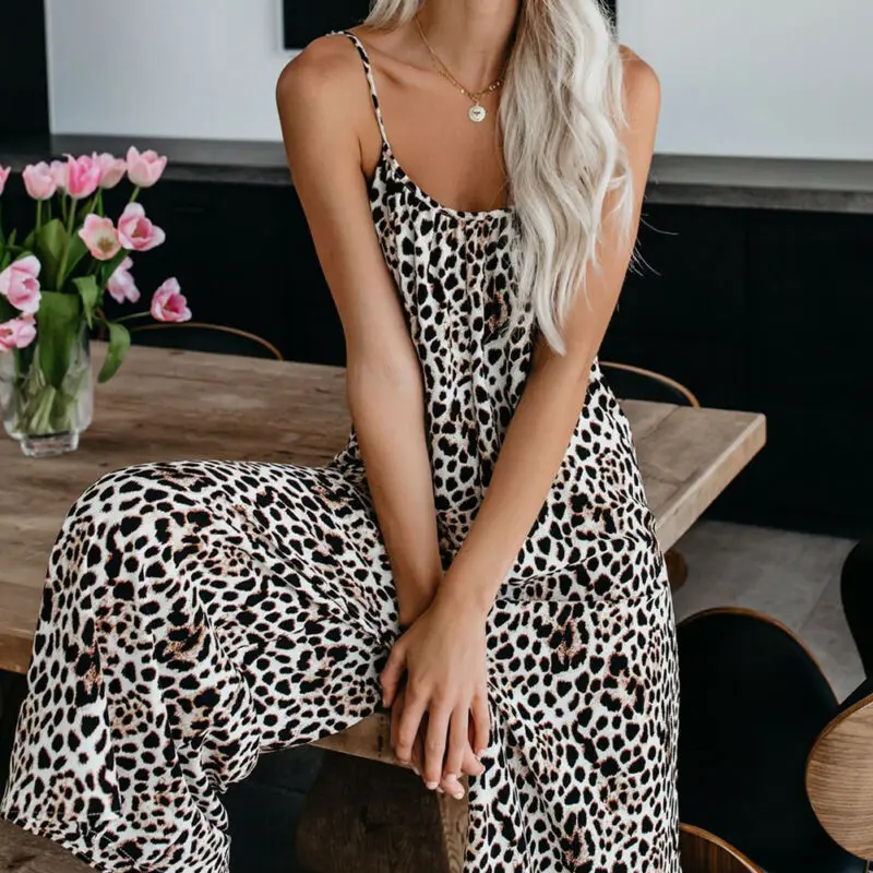

Women Sexy V-Neck Leopard Printed Jumpsuit Female Sleeveless Bandage Loose Long Jumpsuits Ladies Summer Casual Jumpsuits 2019