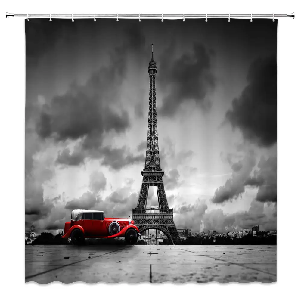 

Eiffel Tower Shower Curtain, Creative Red Car Landmark Building Bathroom Shower Curtain Gray Sky Shower Curtain Decoration Black