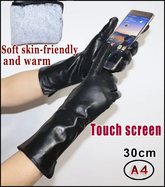 Extended Leather Gloves Ladies Sheepskin Mid-long Winter Warm Leather Sleeves Plus Velvet Thickened Driving Touch Screen Women's A4 30cm  touchscreen