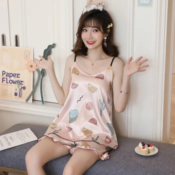 

Woman pajamas set silk printing New Arrivals Sexy Sling Sleepwear Shortless Sleeve Pyjamas with Chest Pad Girl Short Pijama Pant