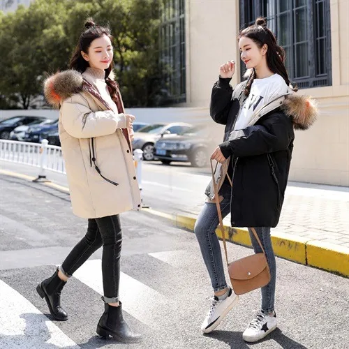 Large Size Fat Mm Thin over-the-Knee down Jacket Women's Thick Winter Warm Fur Collar Korean-style White Duck down Coat Fas