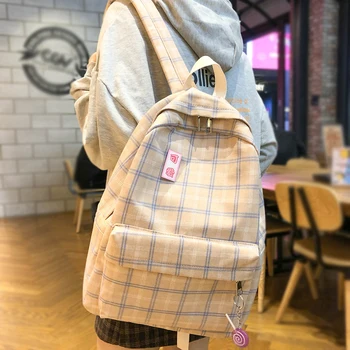 

Student New Cute Backpack Plaid Women Cotton Fabric School Bag Girl Luxury Book Kawaii Backpack Harajuku Lady Bag Fashion Female