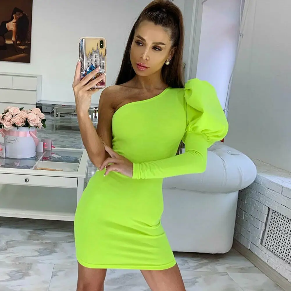 

Women One Shoulder Fitted Dress Womens Party Evening Long Sleeve Mini Dress