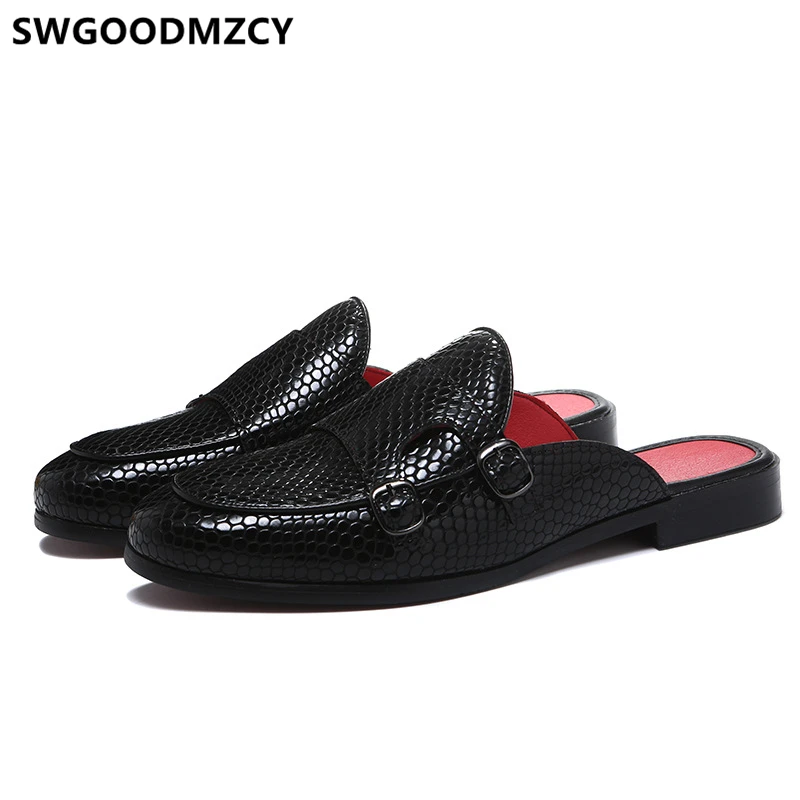 double monk strap shoes men leather half shoes for men mule masculino Coiffeur men half shoes zapatos de hombre casuales cuero