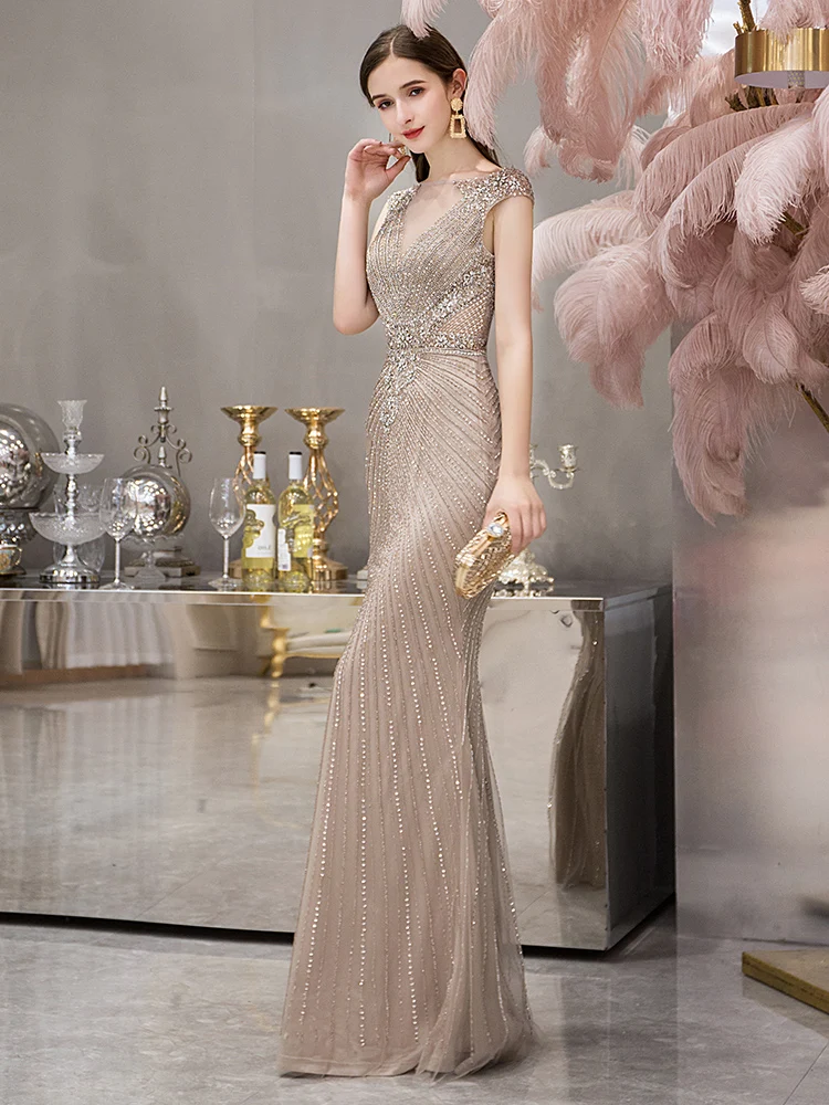 Vestido de festa, роскошные стразы, Русалка, вечерние платья, длинное платье, шампанское, вечернее платье, официальное платье, Robe De Soiree - Цвет: Шампанское