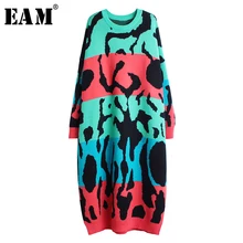 [EAM] женское трикотажное платье с разрезом, большого размера, новинка, круглый вырез, длинный рукав, свободный крой, мода, весна-осень, 1M551