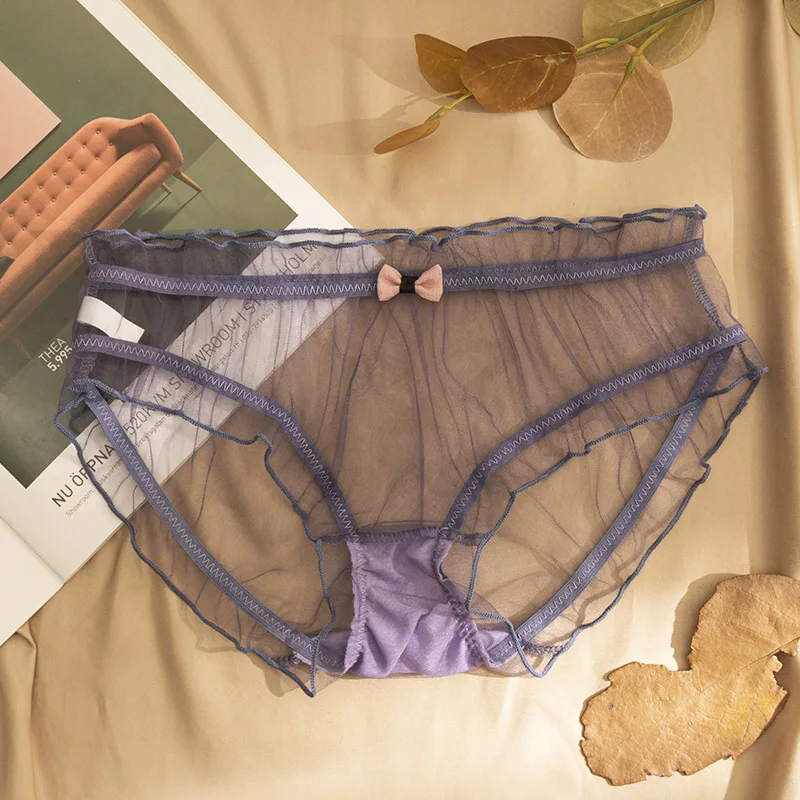 

Sexy Transparent Net Yarn Ruffle Bowknot Solid Color Elastic Women Briefs Thin Breathable Simplic Grace Soft Female Pantie C45