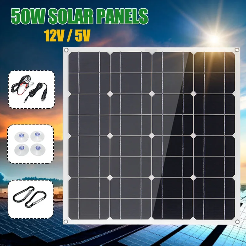 

50W 12V/5V DC USB Mono Solar Panel Monocrystalline Flexible Solar Charger For Car RV Boat Battery Charger Waterproof 55x53cm