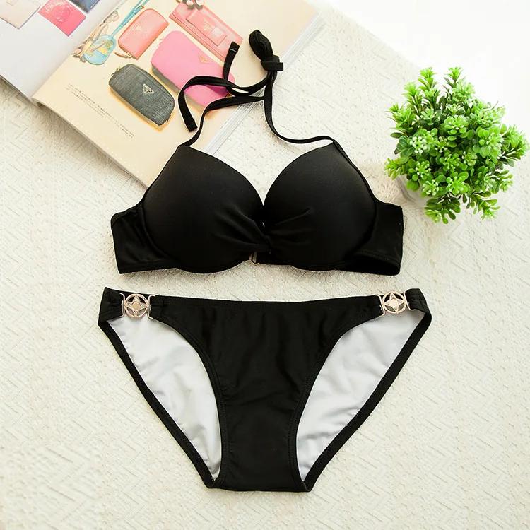 

Mercerized Bikini Two-piece Swimsuits Underwire Thick Chest Pad Push up Black And White with Pattern 1102