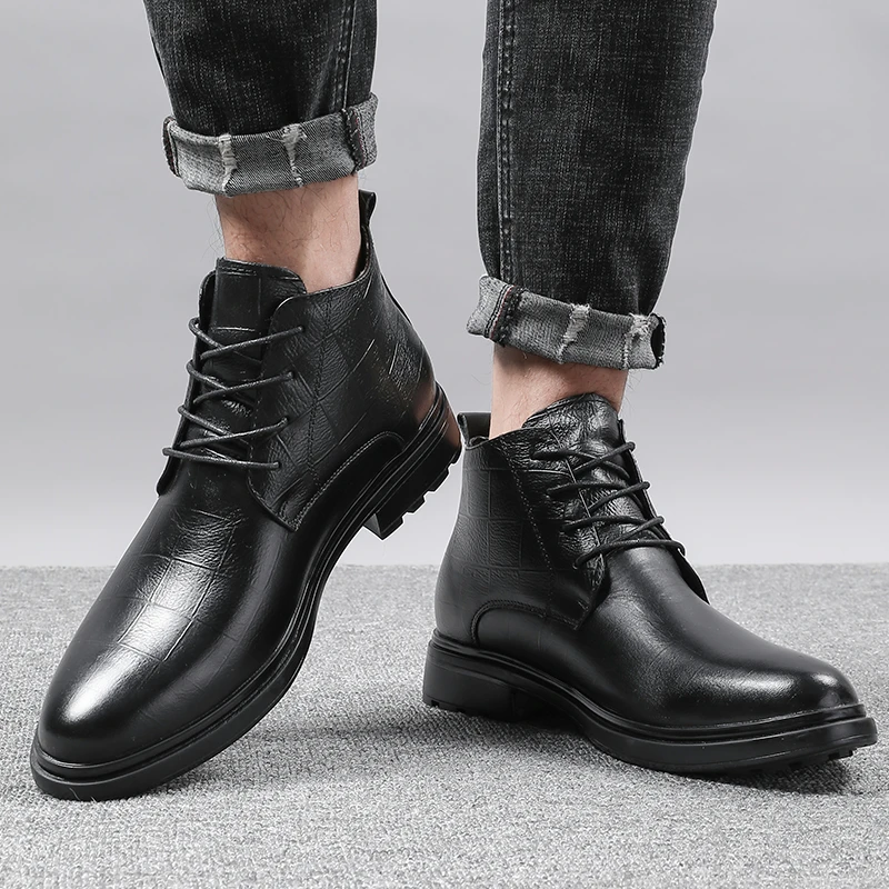 Зимние мужские зимние ботинки теплые плюшевые мужские ботинки уличные Теплые повседневные ботинки челси из натуральной кожи с острым носком Большие размеры 47 4