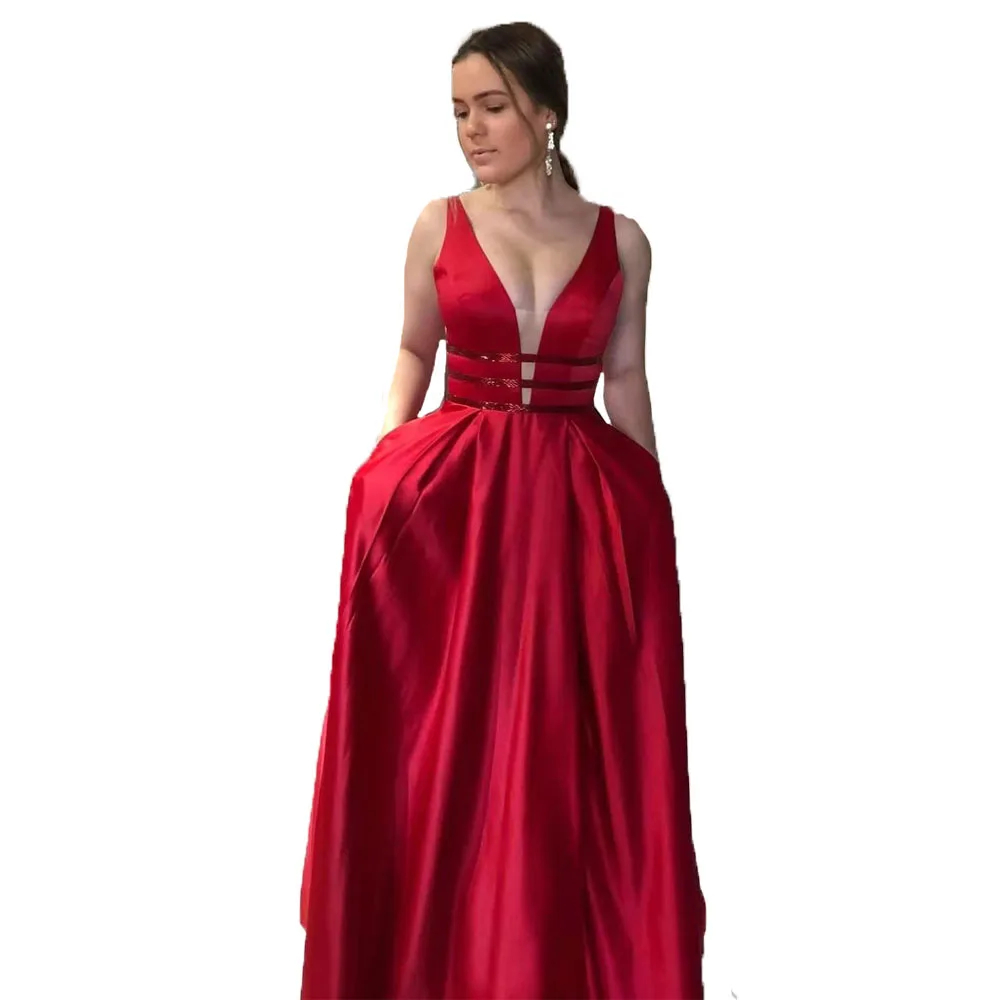 Сексуальное Красное длинное платье для выпускного вечера с блестящим поясом vestido de festa, длинное вечернее платье с открытой спиной, вечерние платья с карманами Robe De Soiree - Цвет: Красный