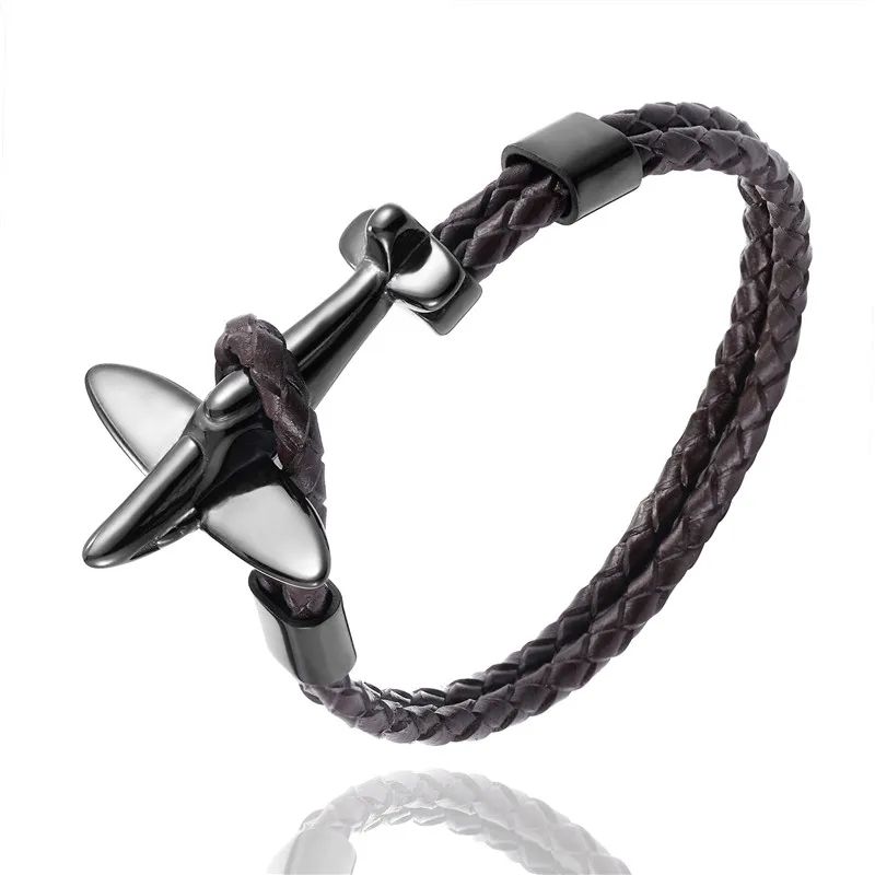 Black Retro MKENDN, нержавеющая сталь, золотой авиационный самолет, якорь, браслеты для мужчин и женщин, Ретро стиль, кожаный браслет, ВВС, стиль, Homme, ювелирное изделие - Окраска металла: Black Retro