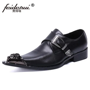 

Vintage Metal Pointed Toe Man Heels Monk Strap Shoes Genuine Leather Formal Dress Footwear Handmade Men's Formal Flats SL874
