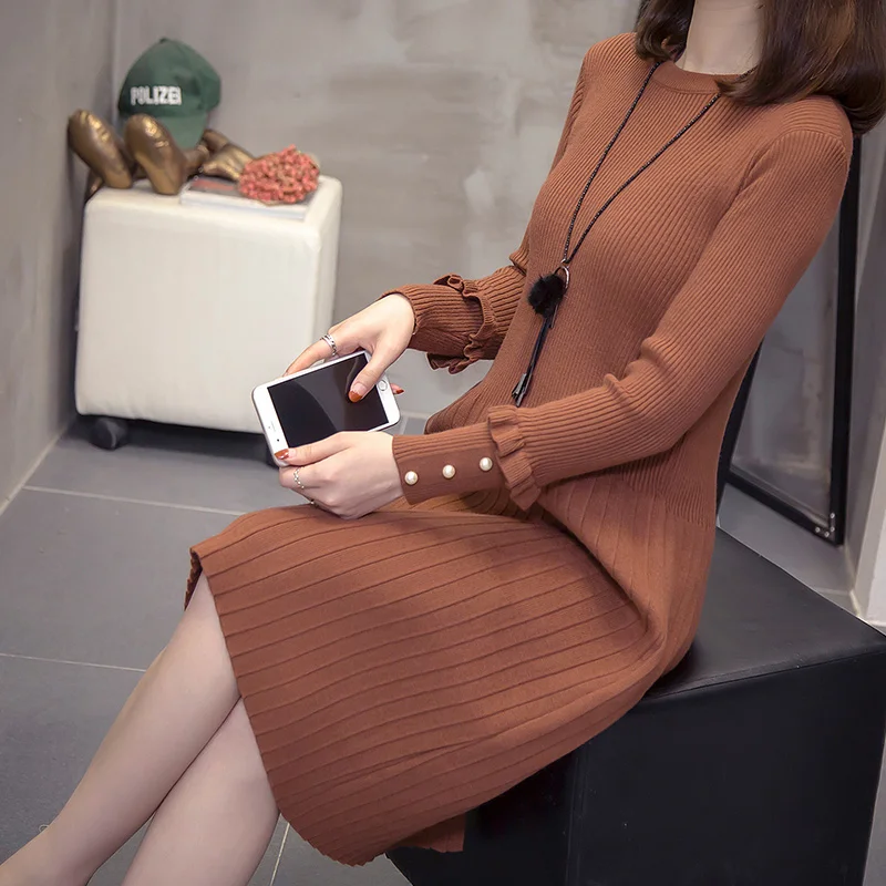 brown XL-4XL плюс размер женский свитер платье осень зима мода длинный рукав с бисером Высокая талия дамы плиссированные трикотажные платья - Цвет: brown