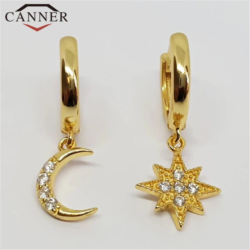 moon star gold INS, 925 пробы, серебряные, звезда, луна, циркон, маленькие серьги-кольца для женщин, простой: золото, серебро, круглые серьги с голубем мира - Окраска металла: moon star gold