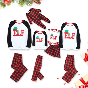 激安 #50クリスマス女性ママの手紙格子縞のファッションかわいいプリント長袖トップブラウス + パンツファミリー服パジャマtrajeバーラデナビダド
