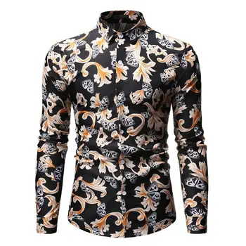 

Floral Shirt for Men Flower print leisure Blouse Men Hawaiian style Long Shirt Dress Hip hop Black Red Blue
