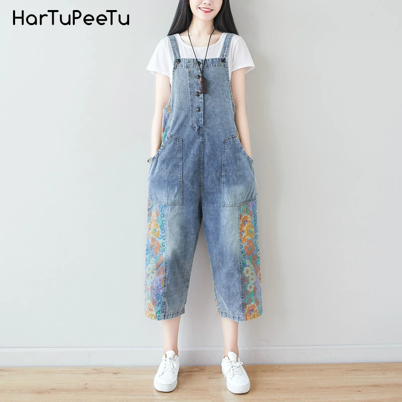 

Calf-length Overalls Baggy Jeans for Women Wide Leg Vintage Denim Pants Homebre Print Floral Plus Size Loose Casual Trousers