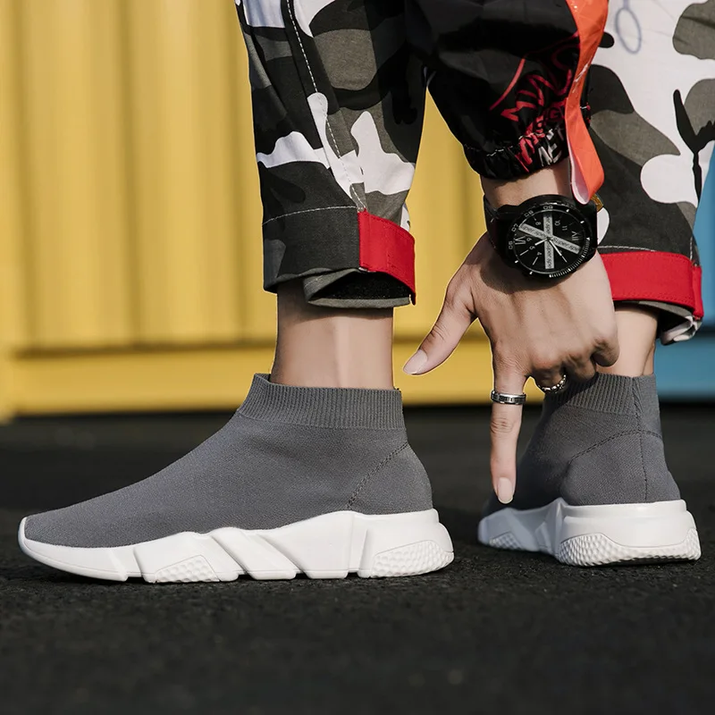 

2019 New Style Solid Color Spring And Summer COUPLE'S Sleeve Hight-top Athletic Shoes Men And Women Breathable Flat Heel Thick B