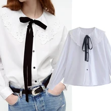 

Jenny&Dave Blusas Mujer De Moda Autumn England High Street Vintage Embroidered Bow White Blouse Women Fashion Shirt Women Top