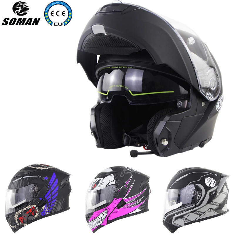 SOMAN Motorcycle Helmet Bluetooth Dual Lens Full Face Helmet Racing Motorbike with Bluetooth Headset Flip Up Modular Cascos ECE