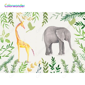 

Cartoon Elephant Giraffe Photography Backdrop Children Birthday Party Baby Shower Photo Backgrounds Nature Photo Booth Props