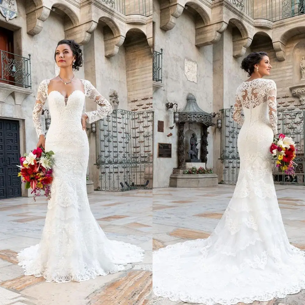 

2021 New Wedding Dresses Lace Appliques Mermaid Bridal Gowns Sweetheart Long Sleeves Button Back Wedding Dress Vestidos De Novia
