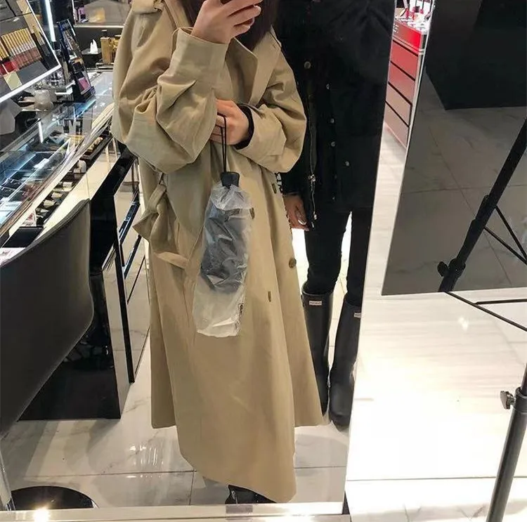 South Korea INS Funny of GIRL'S Retro Double Breasted Loose-Fit Mid-length Trench Coat