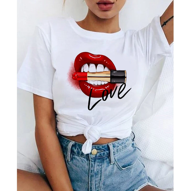 

New Summer Top Tee Red Mouth Lip Kiss Kiss Printed Lady O-Neck T-shirt Funny Graphic T-shirt Femme Vogue Harajuku T-shirt