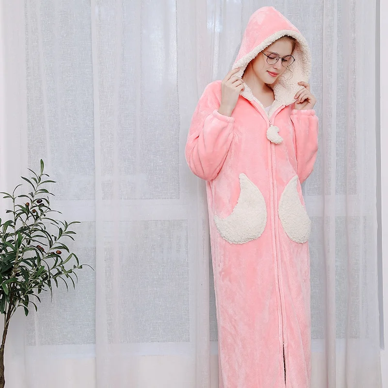 Autumn Winter Robe Plus Long Robe Coral Velvet Couple Nightgown Thickening Five-pointed Star Pocket Hooded Long Home Robe
