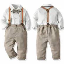 Детские деловые костюмы в консервативном стиле для маленьких мальчиков белые рубашки с галстуком-бабочкой+ клетчатые штаны на подтяжках комплекты из 2 предметов для мальчиков, От 1 до 7 лет