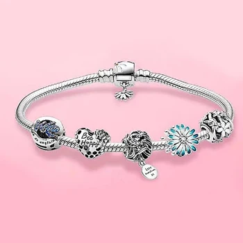 

Original 925 Sterling Silver Bangle Blue Daisy Flower We Can Do Anything Bracelet Bangle Fit Bead Charm Diy Fashion Jewelry