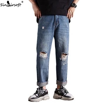 

High Street Skateboard Knee Hole Jeans Men Ankle-Length Pants Male Straight Trousers High Waist Loose 2019 Spring Fashion