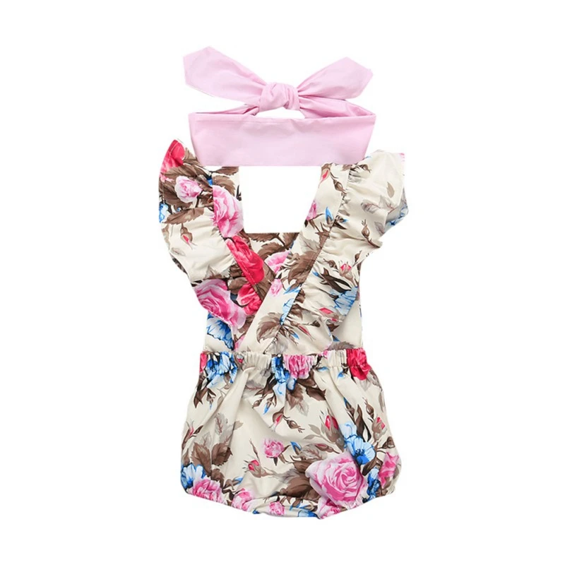 

Summer Baby Girl Spaghetti straps Halter Romper + Headbamd Jumpsuit Floral Sunsuit Outfits 2 pieces Set New Arrival