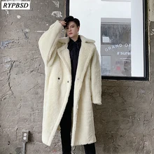 Зимний мужской длинный плащ, свободное плотное пальто из овечьей шерсти, верхняя одежда, однотонное теплое пальто с отложным воротником, длинное пальто из флиса с мехом для мужчин