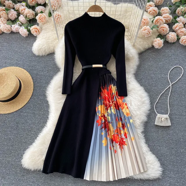 SINGREINY Women Elegant French Dress Design Splice Gradient Pleated A-line Knitted Dresses Autumn Fashion Streetwear Midi Dress 3