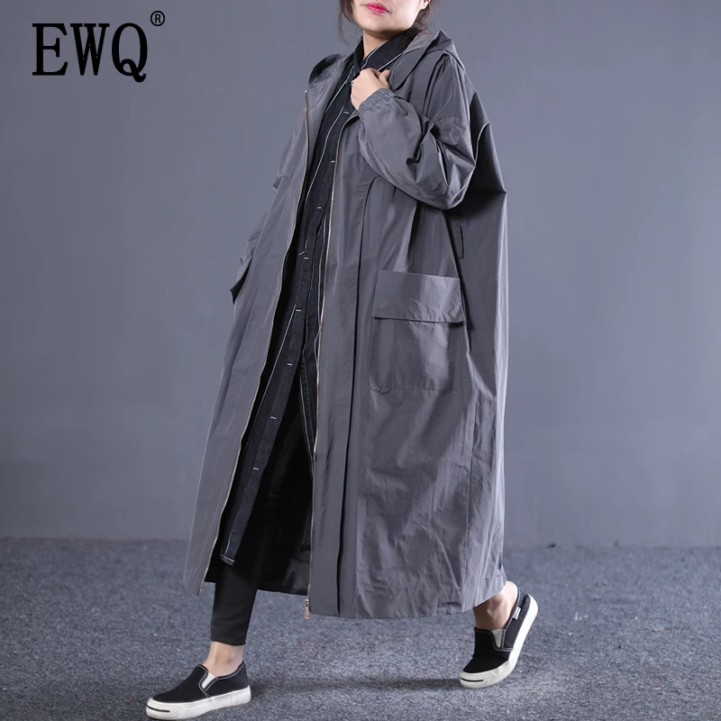 

[EWQ] 2019 Autumn New Pattern Office Lady Style Large Size Loose Big Pockets Zipper Hooded Collar Solid A-line Windbreak AF650