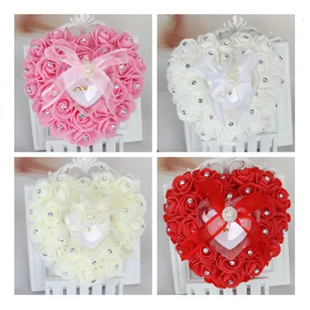 

Heart Shaped Romantic Rose Ribbon Ring Box Valentine's Day Gift Jewelry Ring Bearer Pillow Cushion Wedding Decoration