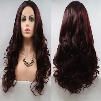 

Burgundy Natural Wave Hand Tied Synthetic 13*4 Lace Front Wig Glueless Heat Resistant Fiber Free Parting Hair For Fashion Women
