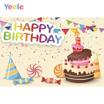 

Yeele Happy Birthday Backdrops Cake Colorful Ribbon Candy Sweet Party Photophone Baby Child Photo Backgrounds For Photo Studio