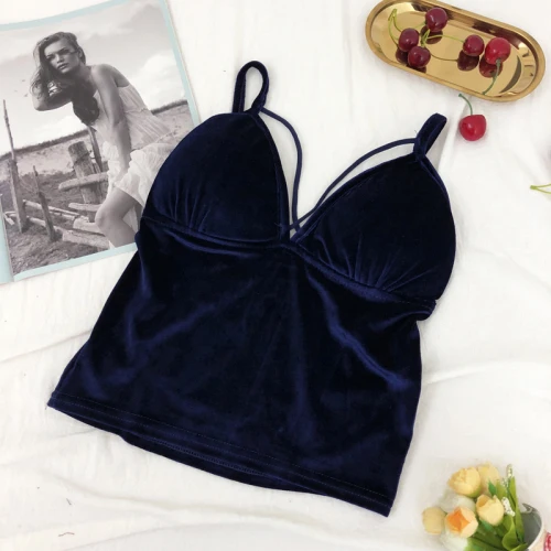 098blue Бретели майки Для женщин в Корейском стиле; короткие бархатные слинг с леопардовым принтом Креста с низким вырезом на спине стрейчевая майка, топ бюстгальтер Женские вечерние застежкой-молнией на спине - Цвет: 098blue