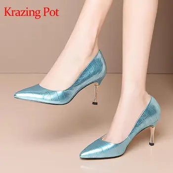 

Krazing Pot hot big size cow leather veins pointed toe thin metal high heels young lady party shoes gorgeous spring pumps L17
